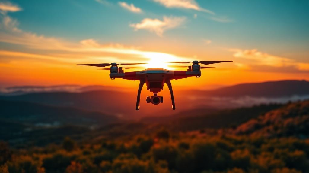 Dron při letu nad krajinou při západu slunce